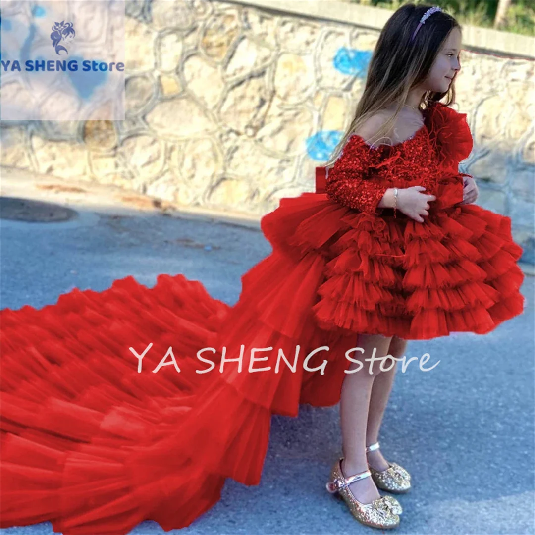 Sequined Tulle Flower Girl Dresses Fake One Shoulder Full Sleeves Pageant Dress With Detachable Train Long Wedding Party Gowns