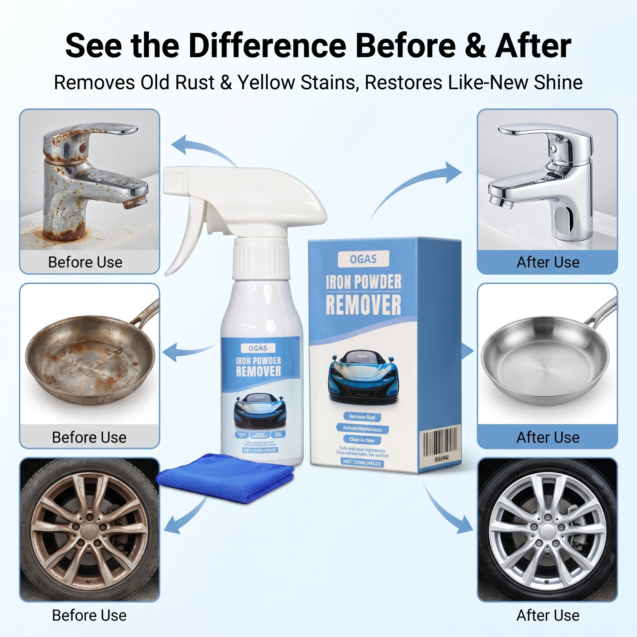 120ml OGAS Car Rust Remover Spray Anti-rust Protection Safe For Paint Metal Wheel Kitchen Hardware Multipurpose Rust Stain Cleaner With Cleaning Towel