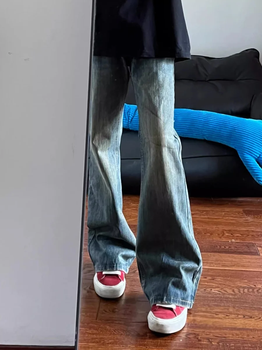 

American Retro Bamboo Pattern Blue Flared Jeans Men's Casual Versatile Loose Straight Long Pants mid Waist Classic Sle