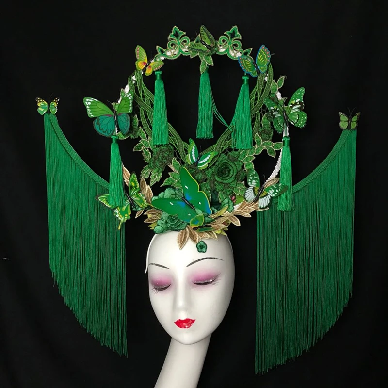 Model creative catwalk green fringe stage exaggerated personality Internet celebrity photo modeling Mori female headdress