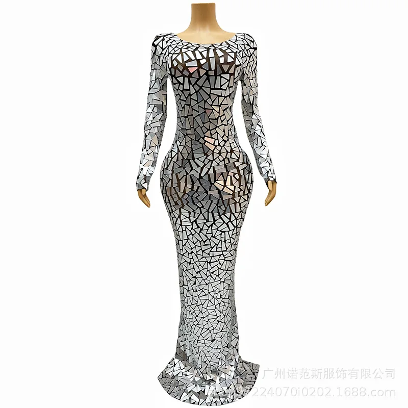 Srebrna Sukienka z Cekinami Strój Sceniczny dla Wokalistki Elegancka Atmosfera Suknie na Uroczystości Absolutorium Abito Da Cerimonia Donna