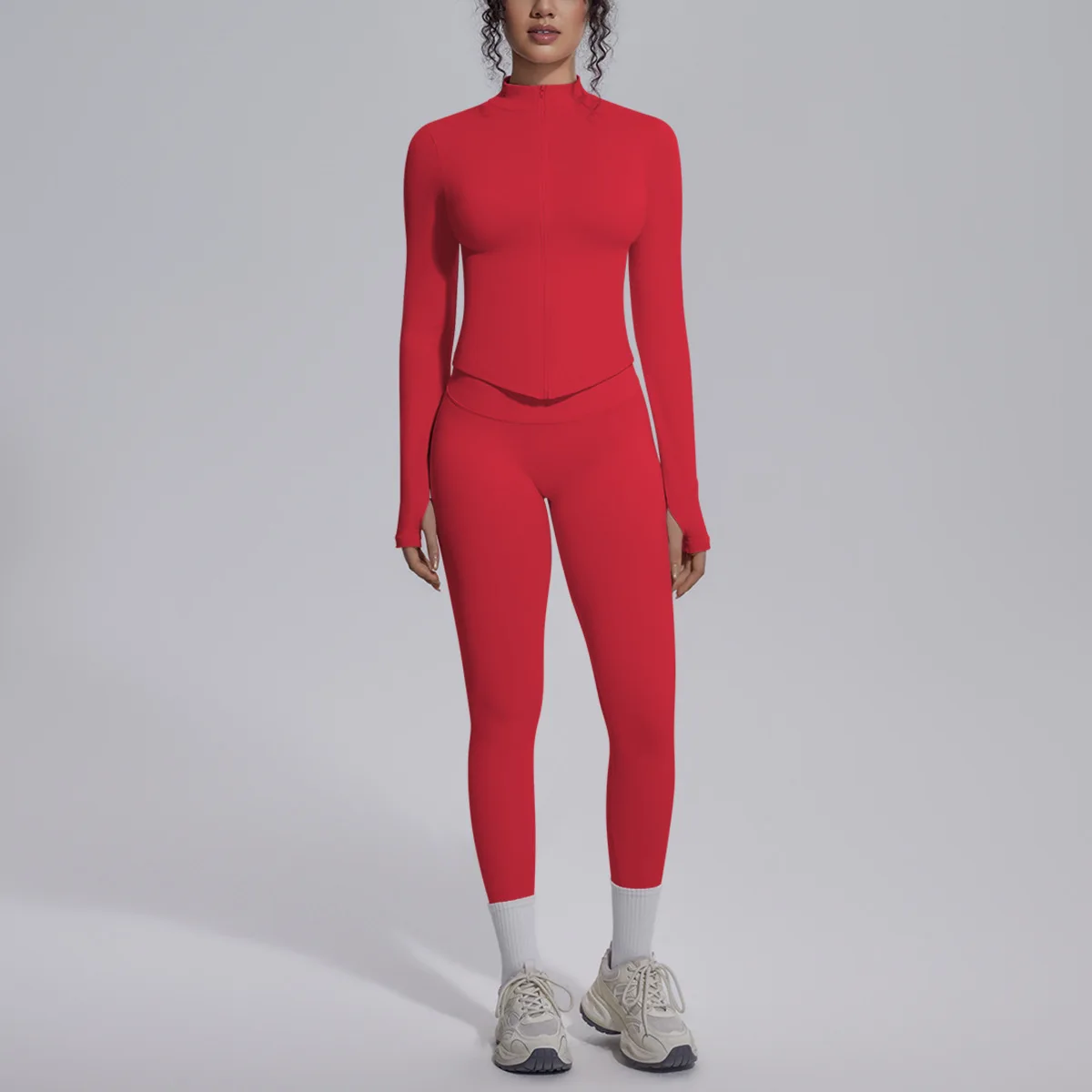 女性用2ピースシームレスヨガセットアップ、ジッパー付き長袖、ハイウエストレギンスショーツ、ワークアウトジムウェア、ランニングフィットネススーツ