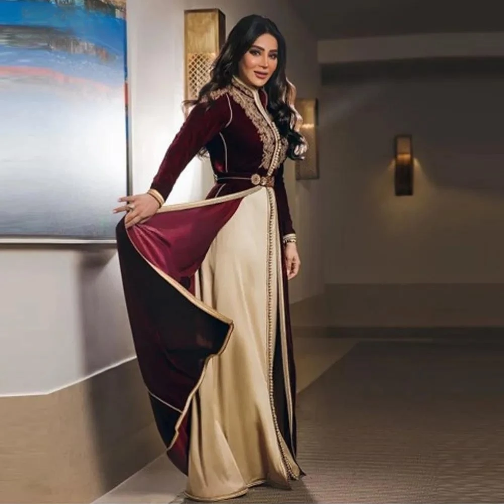 Burgundy Moroccan Kaftan Muslim Evening Dresses A-line Long Sleeves Velvet Appliques Dubai Arabic Turkey Caftan Islamic Gown