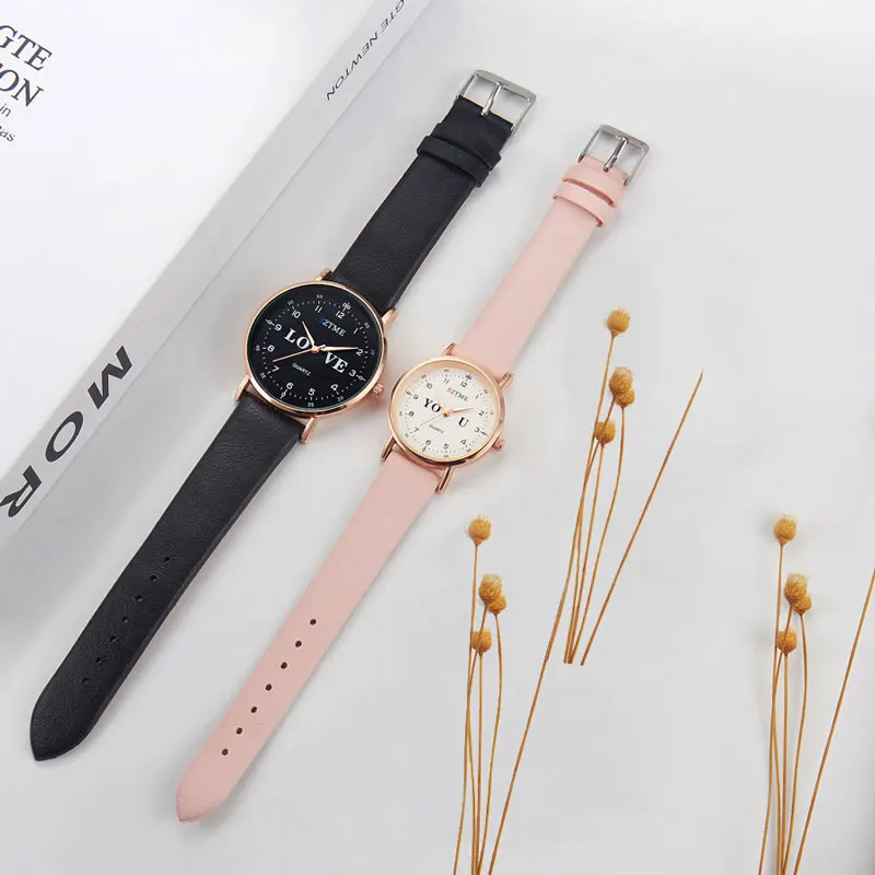 Fashionable and minimalist couple belt ultra-thin watch love combination literal male and female gift quartz watch