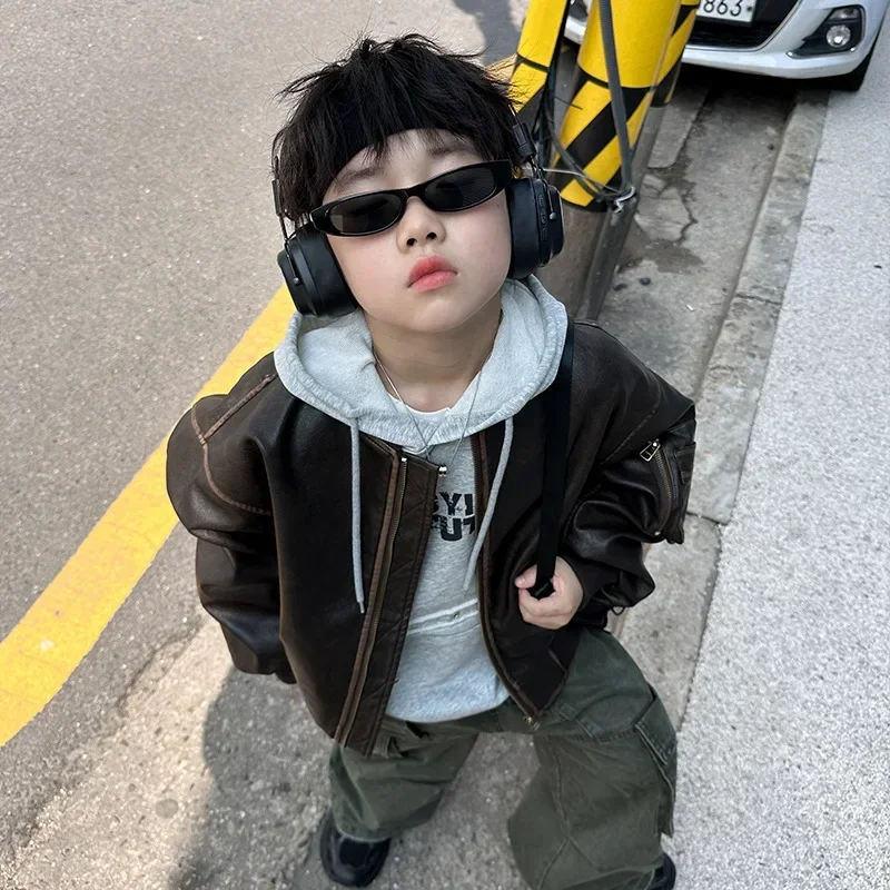 

Children Clothing Boys Leather Coat 2024 Autumn New Fashionable Jacket Boys Short Top Solid Color Casual Handsome Coat