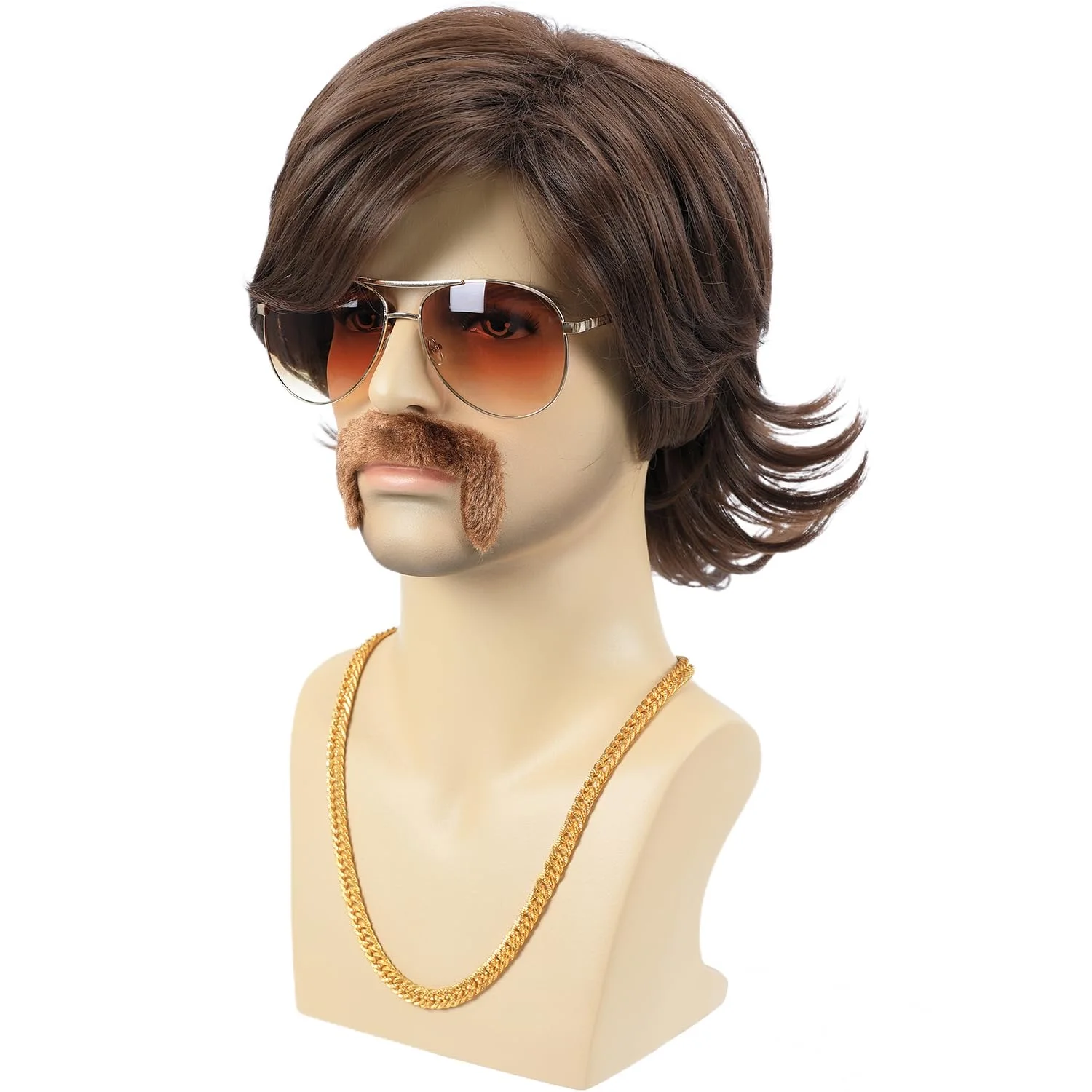70s 80s Costume Wigs for Men with Mustache Glasses and Chain Short Brown Shaggy Disco Wig for Rocker Singer Hippie synthetic