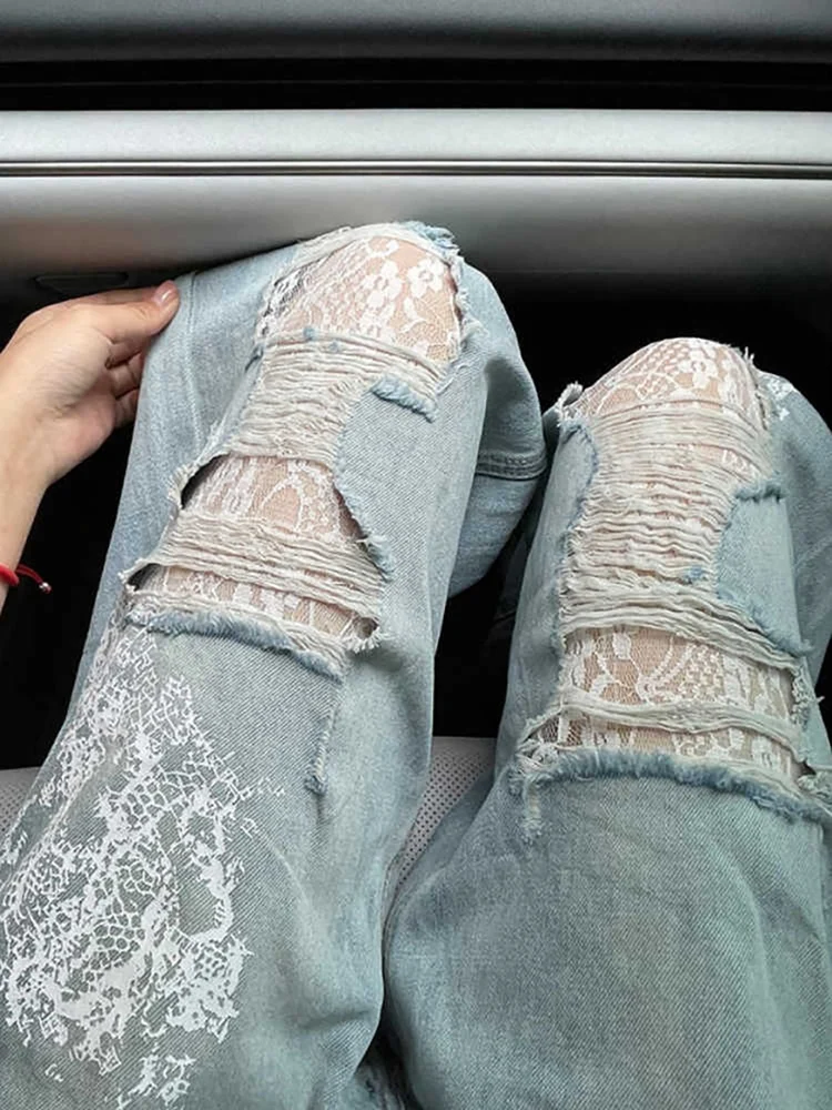 Oversized Fashion Ripped Holes Jeans for Women Spring Summer High Waist Lace Design Denim Pants Thin Fit Straight Loose Jeans