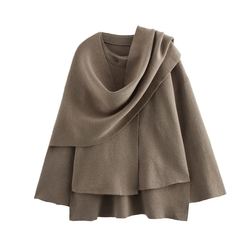 

2025 European and American Women's Fashion Hot-Selling Winter New Fashionable Elegant Cape-Style Long-Sleeve Round Neck Knit