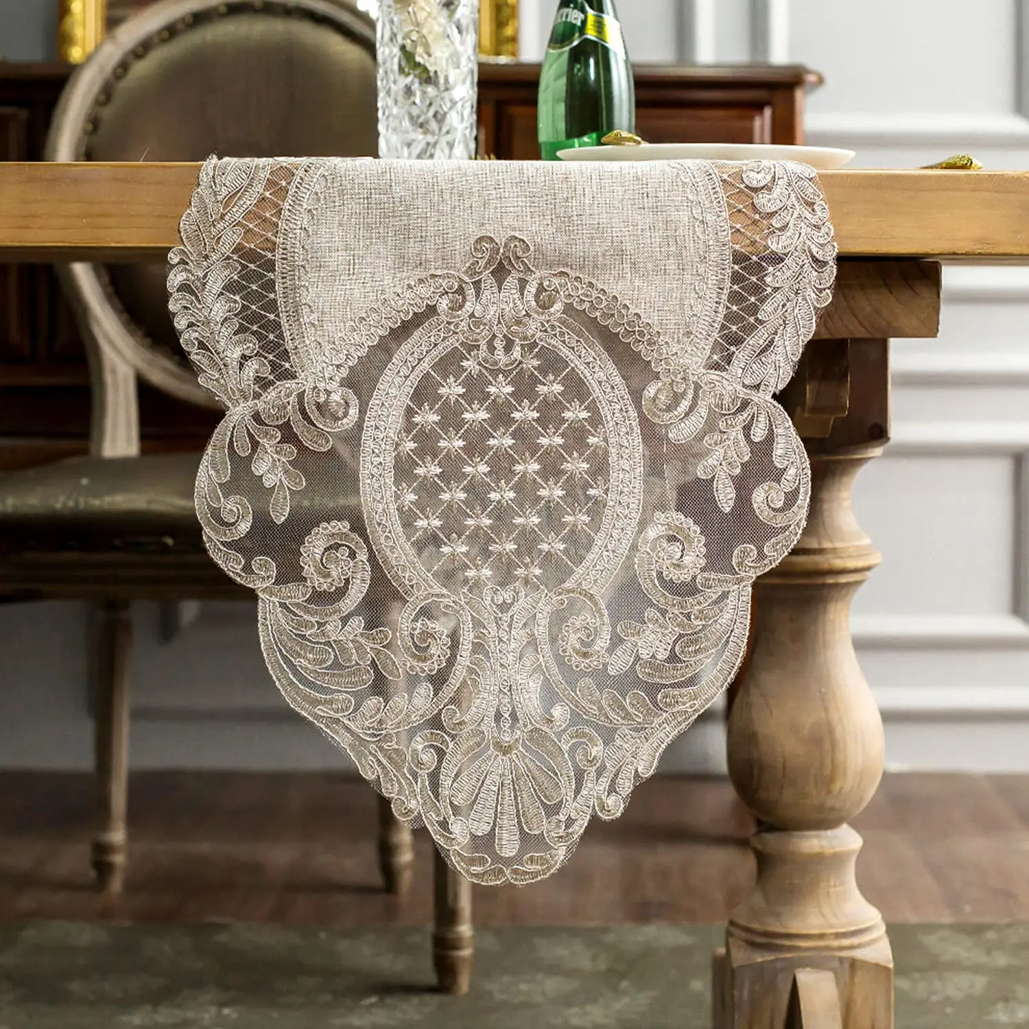 

Lace Table Runner Rectangle Gray Cotton Linen Fabric Dresser Scarf with Exquisite Macrame Embroidery Table Runners for Home
