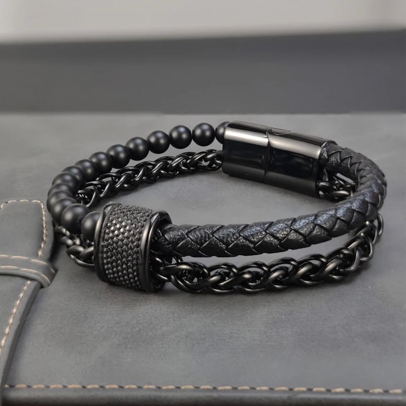 

Trendy Geniune Leather Multilayer Bracelet for Men Chain Double black Luxury Punk Braided Bracelet Wristband Male Charm Jewelry