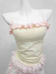 Cute Crop Top Women Summer Bows Decoration Two Layers of Lace Trim Lolita Style Cropped for Sweet Girls Kawaii Clothes