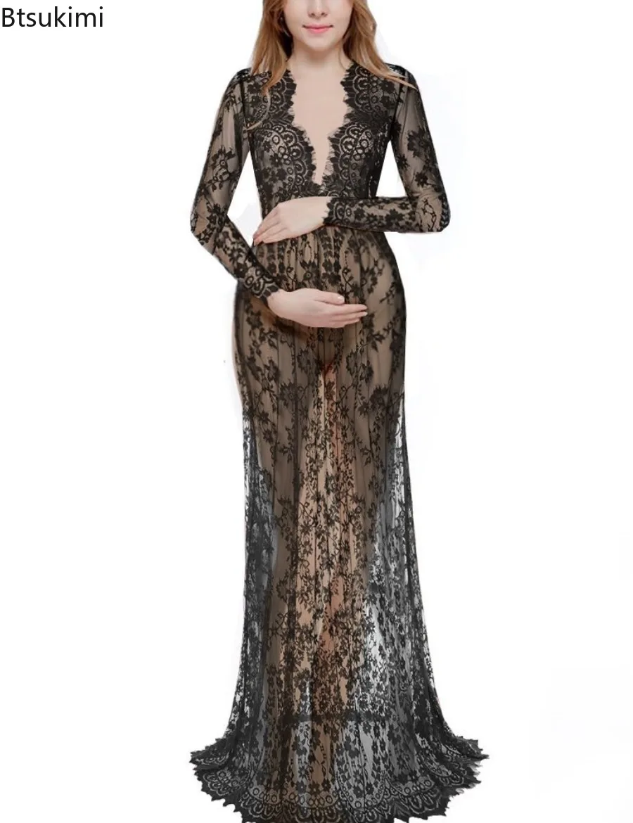 Solid Color Sexy Deep V-neck Long Dress Summer Fashion Maternity Photography Props Lace Pregnancy Dresses Fancy Shooting Photo
