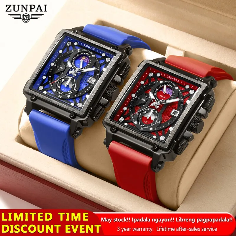 ZUNPAI Original Watch for Men\'s Waterproof Stainless Steel Leather Strap Quartz Fashion Sports Chronograph Square Wristwatches