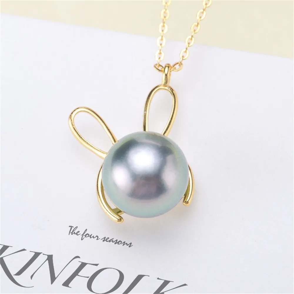 DIY Pearl Accessories S925 Sterling Silver Chain Empty Rabbit Pendant with Silver Chain Fit 8-10mm Round Flat Beads L020