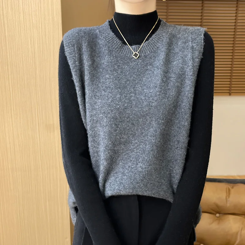 100% Merino Wool Round Neck Sleeveless Vest Women's Knitted Cashmere Sweater Loose Top Pullover Vest Versatile Jacket YYY2485