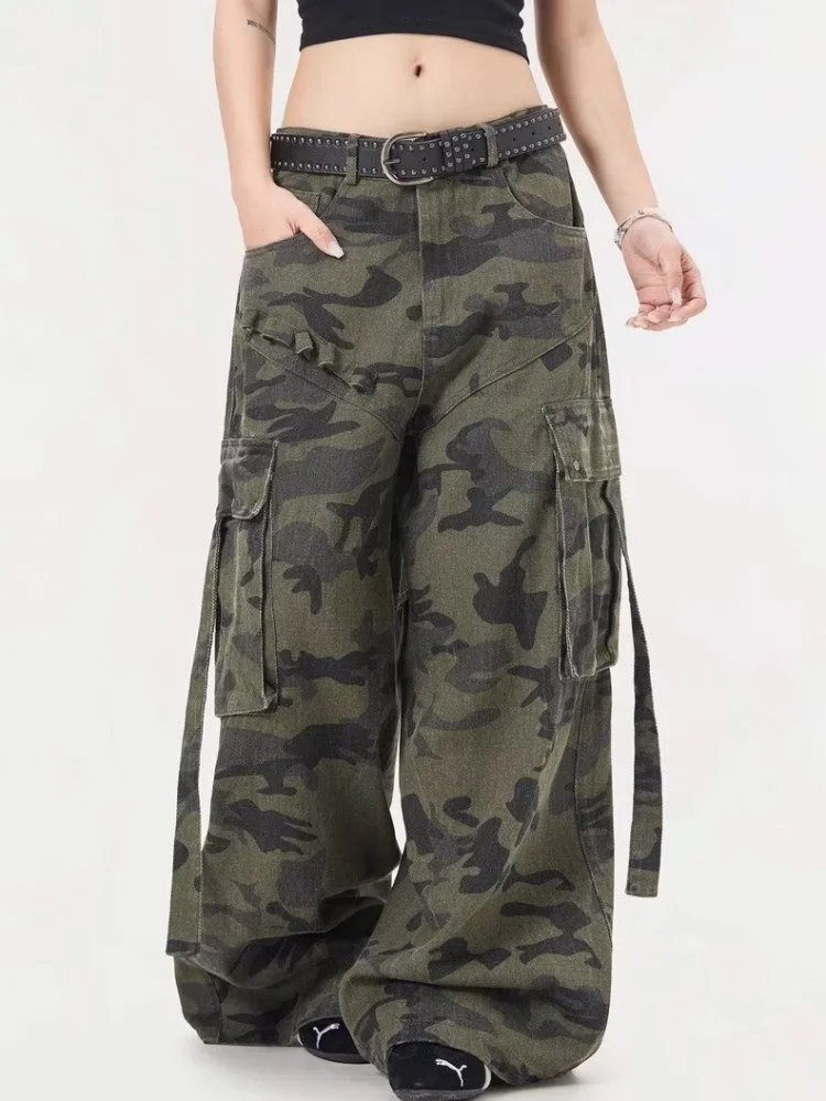 

Уличная одежда Cyber Y2K 2025 года, потертые камуфляжные мешковатые плиссированные джинсы-карго, брюки для женщин, одежда, широкие женские брюки, Ropa Mujer