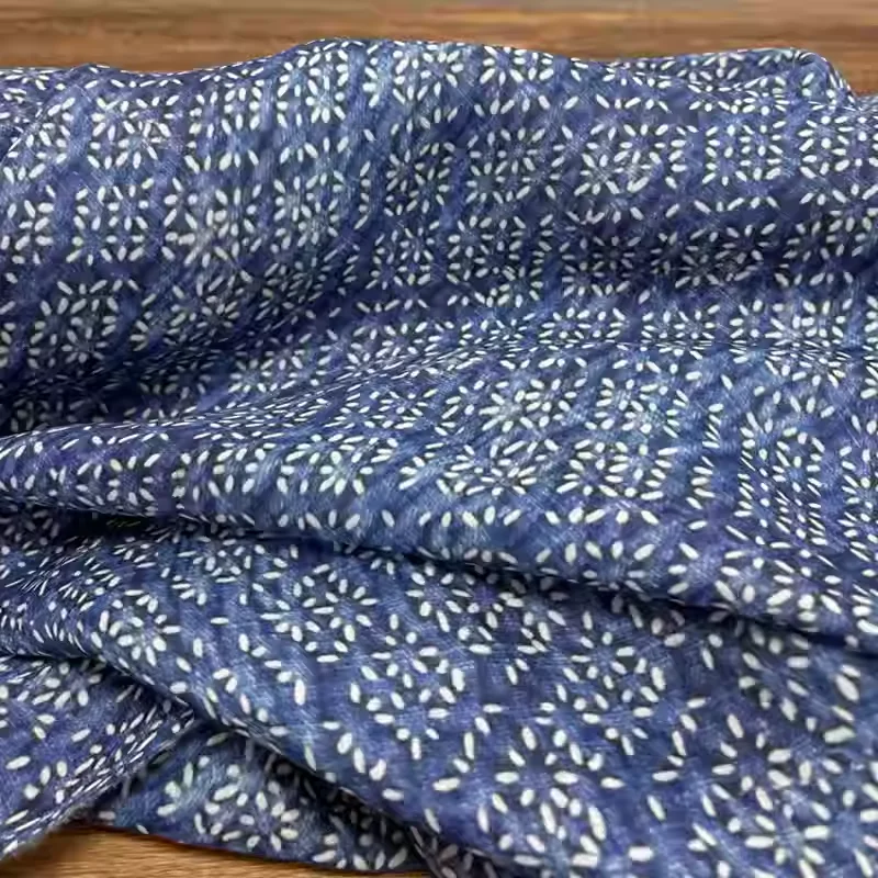 

High quality pure ramie fabric with deep blue printing, suitable for summer shirts, dresses, and hand sewn fabrics.