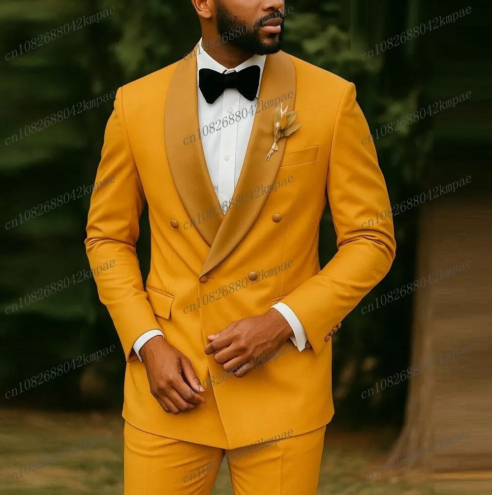 

New Gold Collar Yellow Men Suit Formal Occasion Groom Groomsman Wedding Party Prom Male Business Tuxedos 2 Piece Blazer Pants
