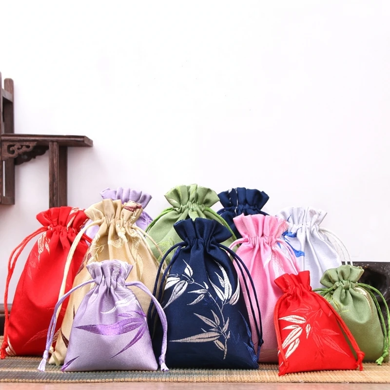 Sac en brocart Jacquard brodé de feuilles de bambou de Style chinois, 4 pièces, rangement de bijoux, Banquet, emballage cadeau du nouvel an
