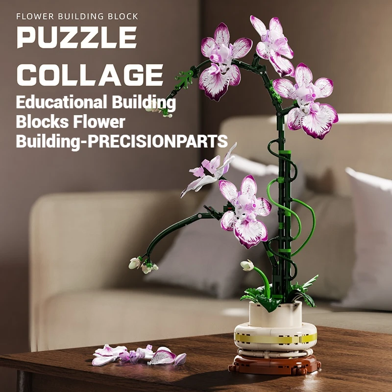 

696 шт. строительные блоки для девочек, орхидея в горшке, украшения для домашнего офиса, креативный букет, модель растения, цветов в сборе, подарок на день рождения