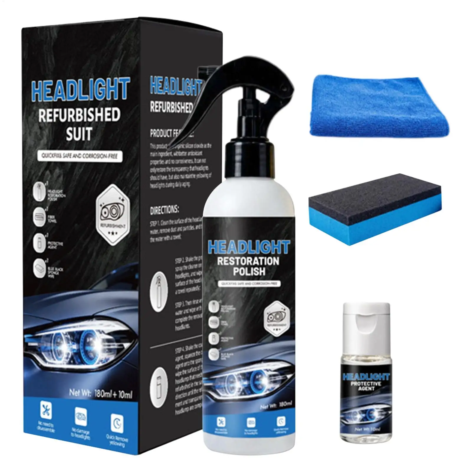 180ml+10ml Car Headlight Restoration Coating Kit Yellow Oxidation Remover Auto Lamp Refurbish Protective Fluid with Tools