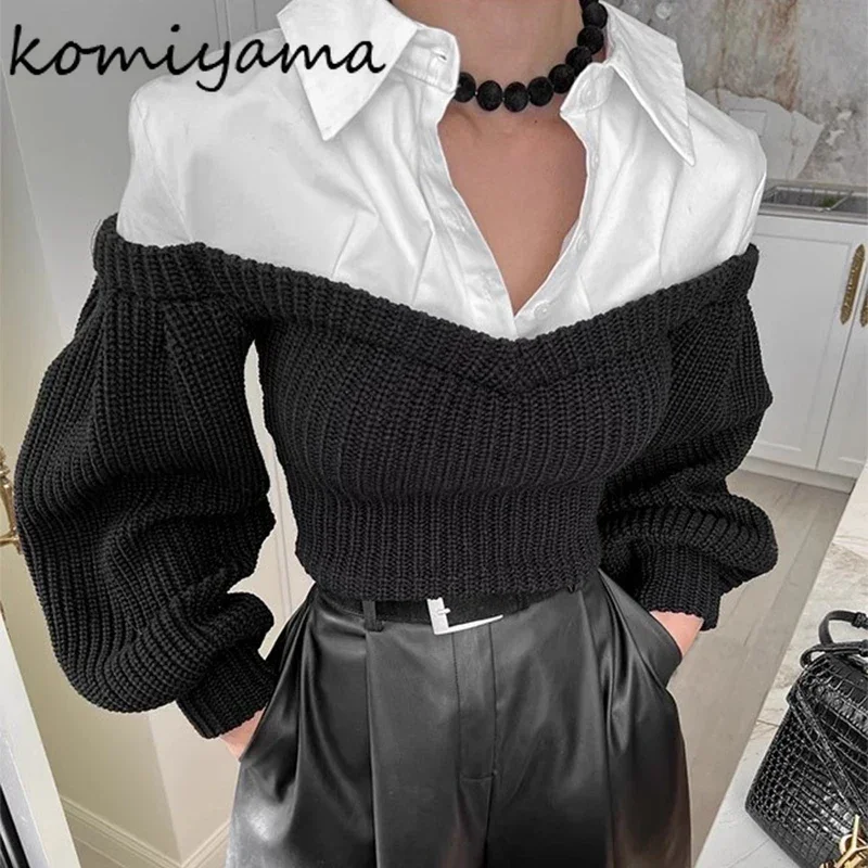 Hit Color Knit Patchwork Sweater Woman 2025 Outerwears Laple Lantern Sleeve Pullovers Korean Ropa Mujer Autumn Winter Clothes