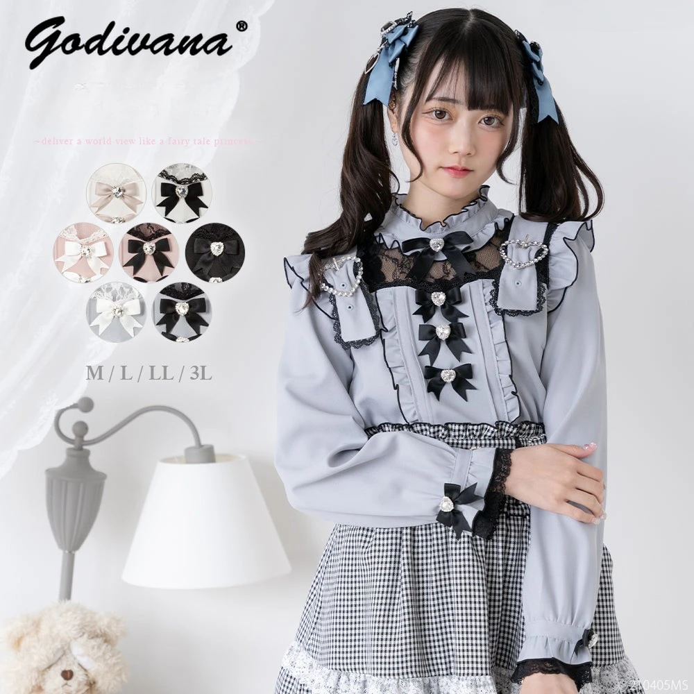 Japanese Sweet Lolita Shirt Spring and Autumn Girl Women's Fungus Edge Strap Hollow Lace Exquisite Bow Shirt Rhinestone Blouses