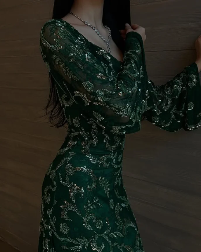 Vestidos de Noche brillantes de color verde esmeralda con manga larga, Jersey personalizado de Arabia Saudita, traje de fiesta de boda a medida