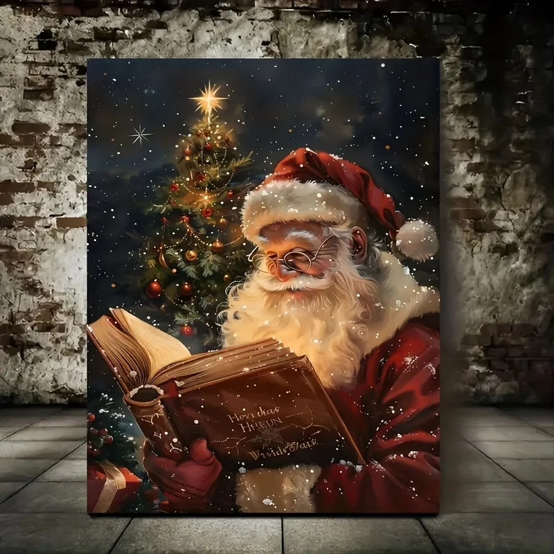 Retro Santa Claus and Reindeer Canvas Print Winter Gingerbread Hut Wall Art Poster Modern Living Room Christmas Home Decor Gifts