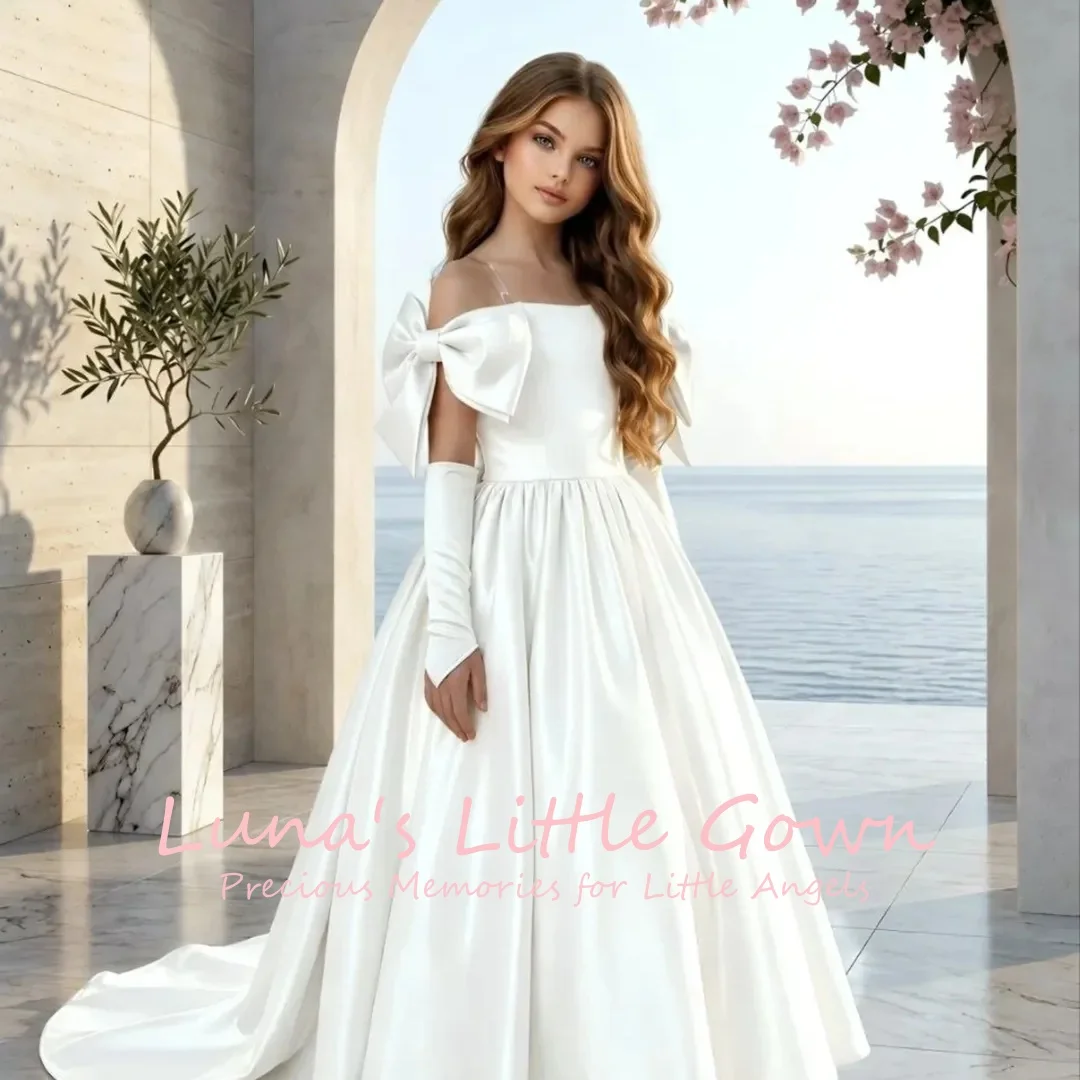 

White Off‑Shoulder Big Bow Satin Ballgown With Gloves Kids Wedding Flower Girl Dress With Train Customized