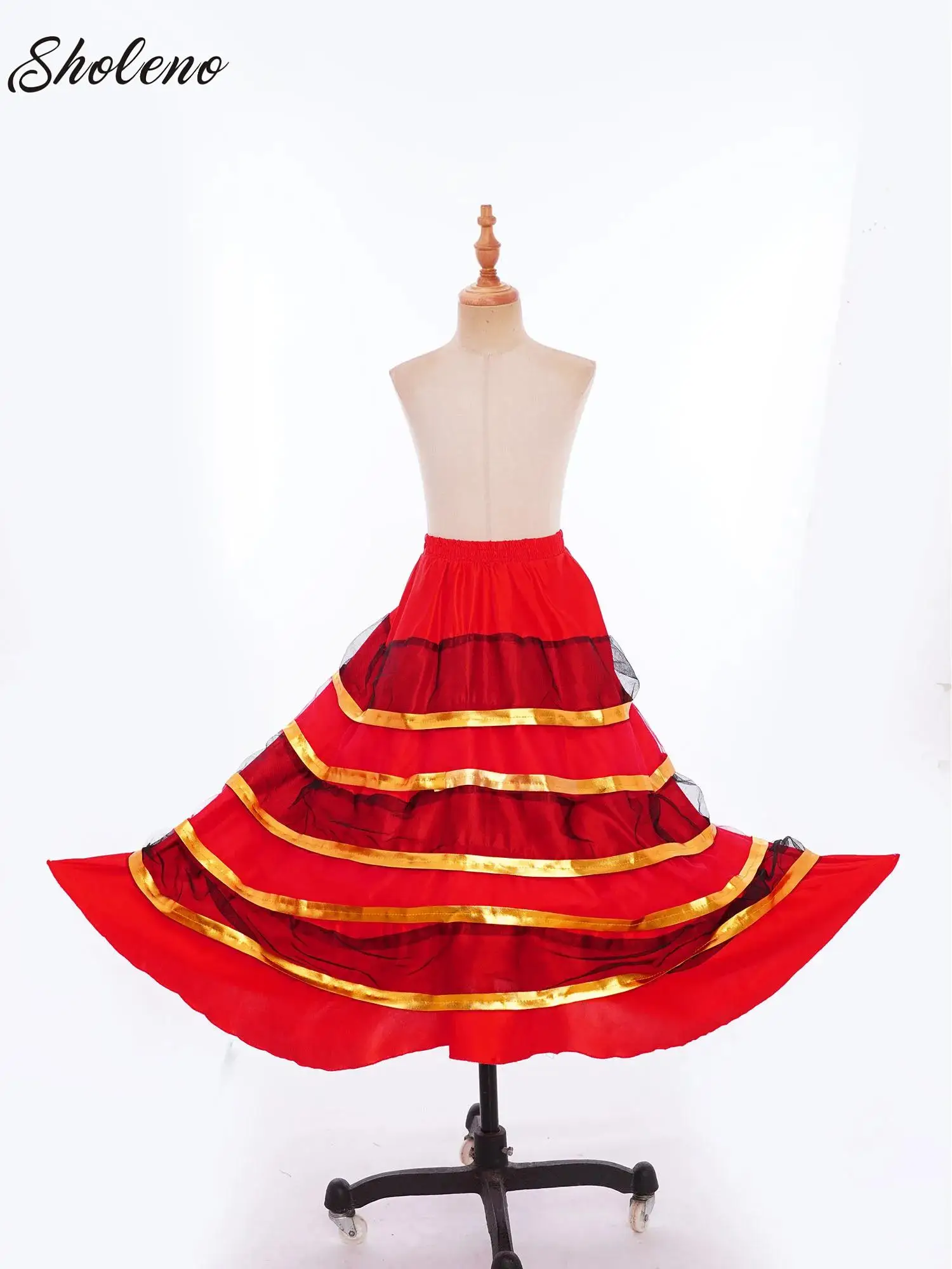 Moda Kid Gypsy Girls Gonna Flamenco spagnola Raso di seta a righe Grande altalena Danza del ventre Gonna rossa Competizione di spettacoli di squadra