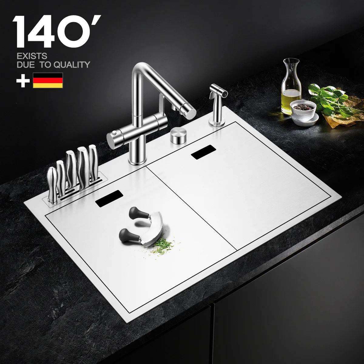 304 Stainless Steel Kitchen Handmade Sink with Knife Rack with Cover Plate Hidden Washbasin Single Sink Package