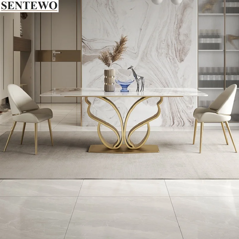 Luxury Rock Slab Dining Room Tables Chairs Set Metal Titanium Glaze Gold Base Faux Marble Table Dinner Chair Set Mesa De Cocina