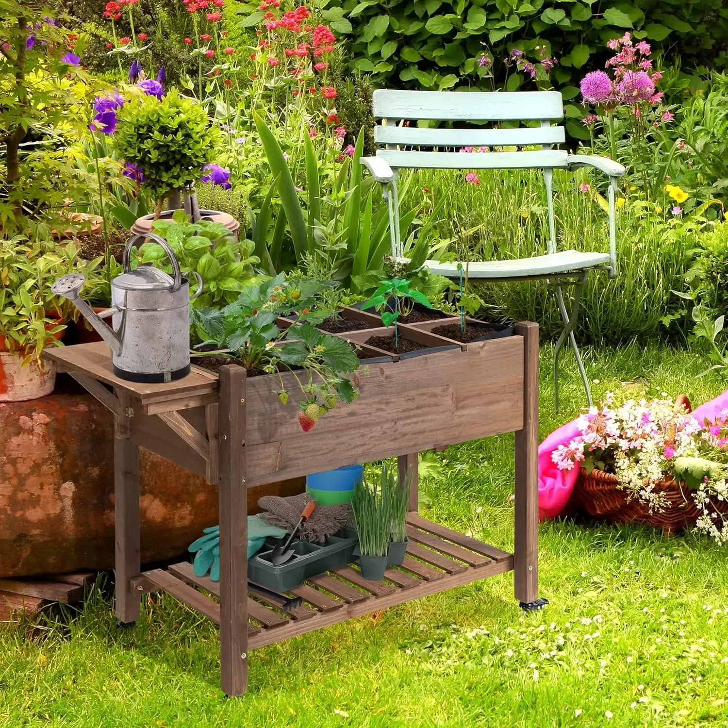 

XMSJ.Raised Garden Bed with 8 Grow Grids, Wooden Outdoor Plant Box Stand Folding Side Table and Wheels, 49" 21" 34"