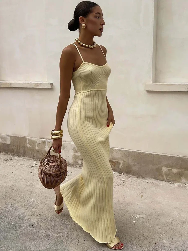 

Fmxires Knitted Sexy Backless Low Chest Women Maxi Dress Pink Spaghetti Strap High Waist Dress Summer Slim Vacation Beachwear