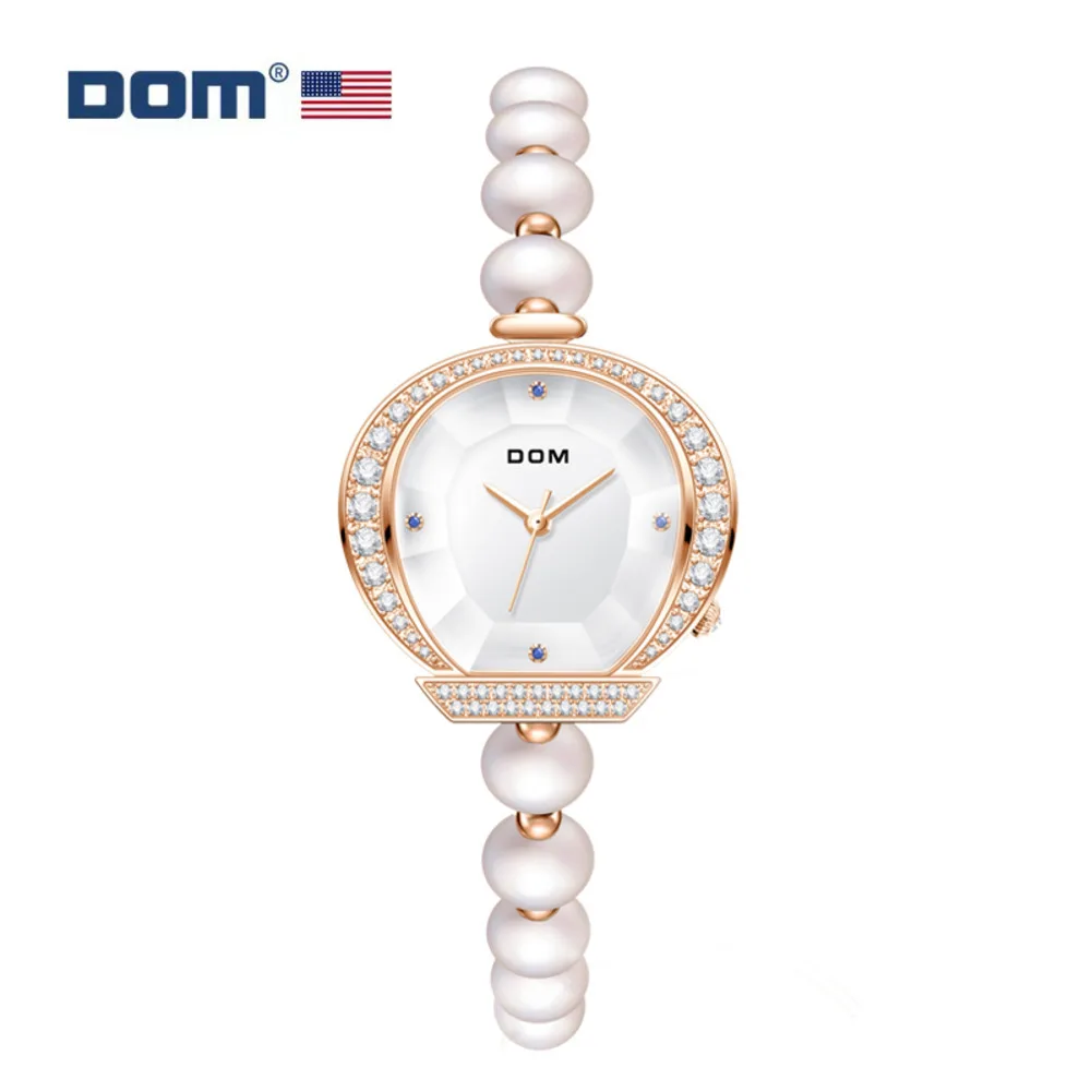 DOM Ladies Casual Quartz Unique Fashion Pearl Bracelet Diamond Crystal Simple Exquisite Watch For Women Life Waterproofing1585