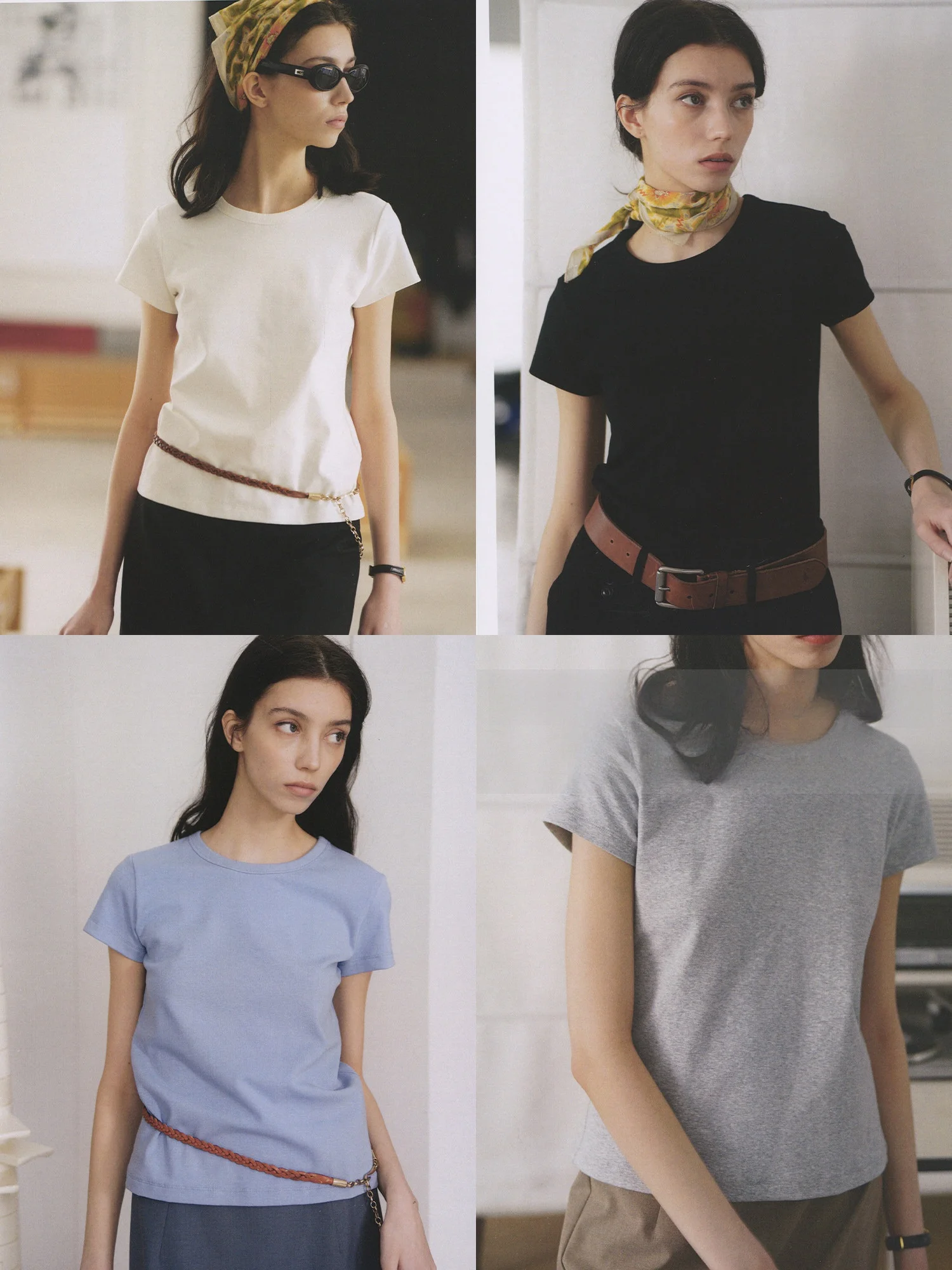 

Slim Fit Elastic Cotton Short Sleeve T-Shirt Women's Base Shirt Ultra Versatile Four Colors Commute Style round Neck Top