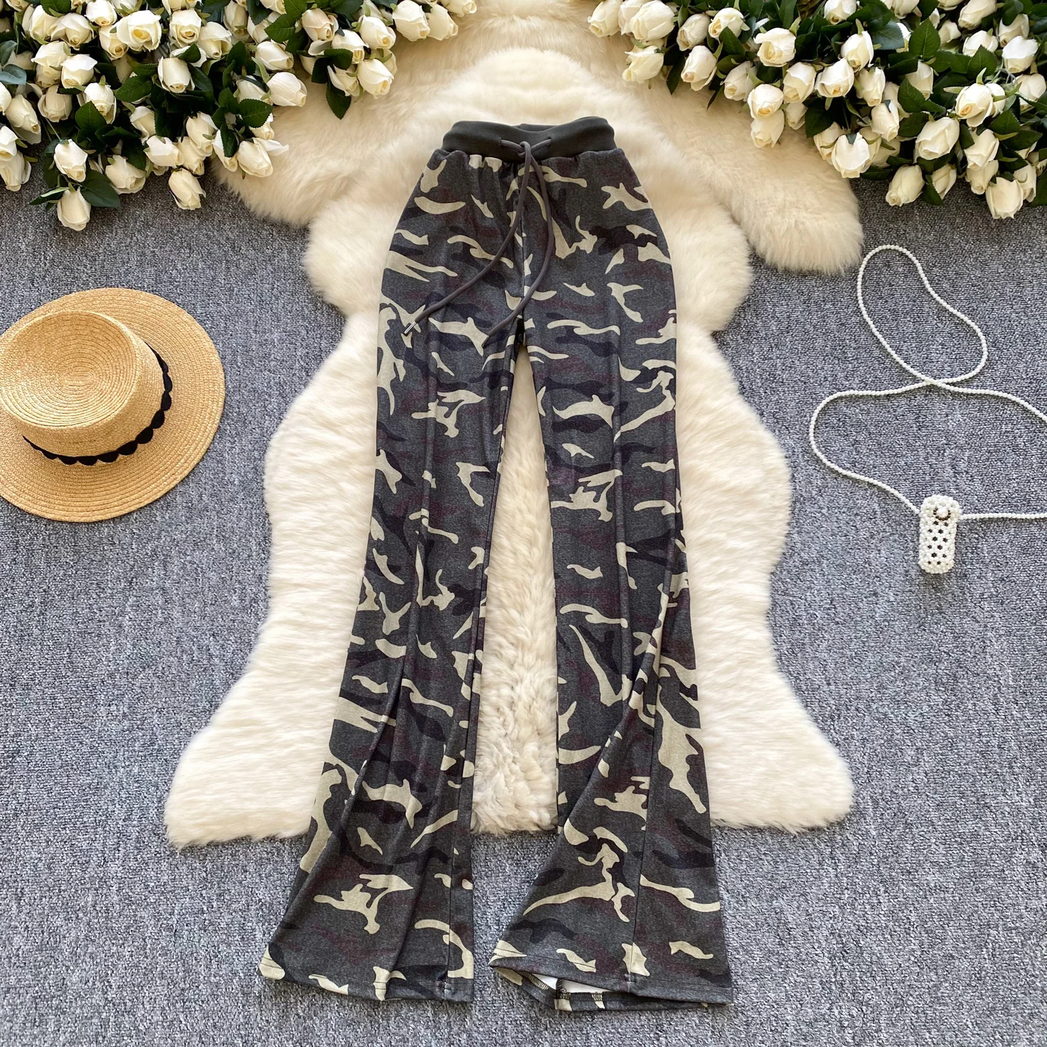 Casual High Street Vintage High Waist Camouflage Slim Flare Pants Korean Basics Casual Exercise Autumn Winter Elastic Clothing