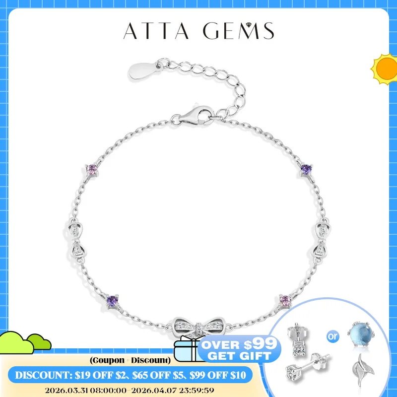 

ATTAGEMS 925 Sterling Silver Bow Moissanite Bracelet Sweet Original Design Colorful Pink Zircon Bracelets for Women Party Gifts