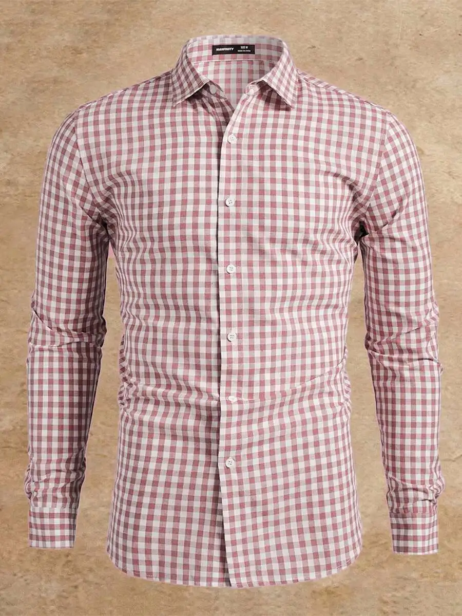 

Men's Casual Long Sleeve Button-Front Plaid Woven Shirt in Red and White