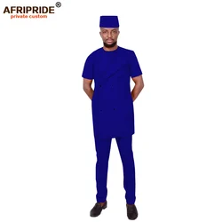 2022 African Men Clothing Traditional Set Dashiki Outfit Short Sleeve Coat Pants Tribal Hat Tracksuit Wax AFRIPRIDE A1916023