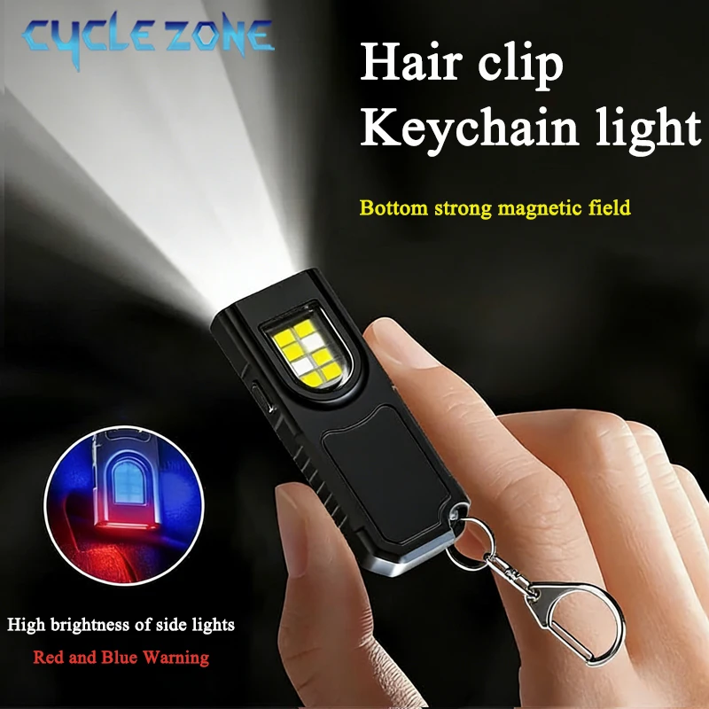 Mini Keychain Flashlight Portable 5 Modes COB Work Lamp Magnetic Hat Clip Cycling Rechargeable Red Blue Warning Head Light