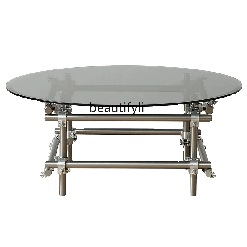 

Industrial wind metal glass coffee table round stainless steel modern minimalist creative designer living room tea table