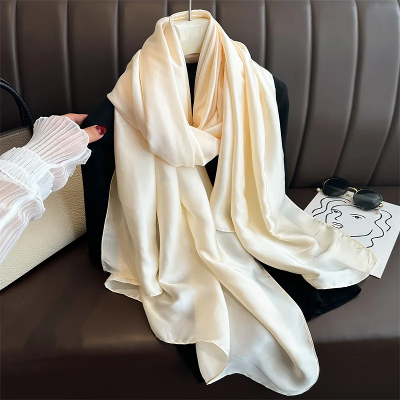 Neuer Luxus-Seidenschal für Damen, Großer Schal, Kopftuch, Einfarbiges Design, Hijab, Strandtuch, Damen-Foulard, Echarpe, Bandana