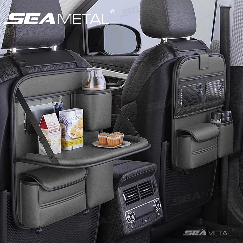 SEAMETAL Car Seat Back Organizer with Tray Multi-Pocket Back Seat Storage Bag Foldable Food Tray Tissue/Cup Holder Storage Net