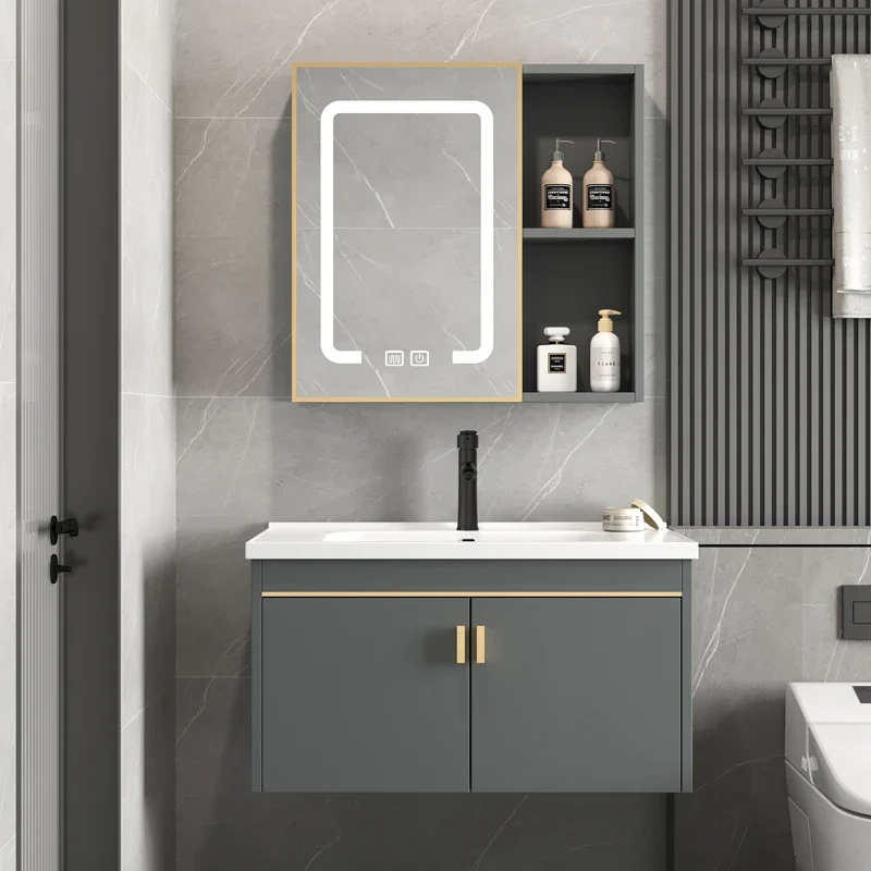 

Nordic Simple Bathroom Mirror Cabinet Combo Wall-mounted Smart Ceramic Bathroom Cabinet Sink Home Furniture Arredo Bagno FYBC