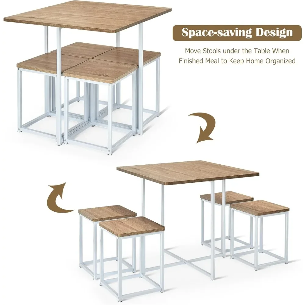 5 Piece Dining Table Set, Dining Set for 4 with Square Stools, Small Kitchen Table Set with Metal Frame