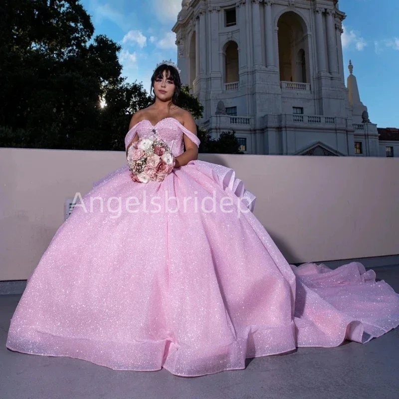 Angelsbride Pink Shiny Tulle Ball Gown Quinceanera Dresses Sweetheart Long Trian Sweet 16 Corset Vestidos XV Años