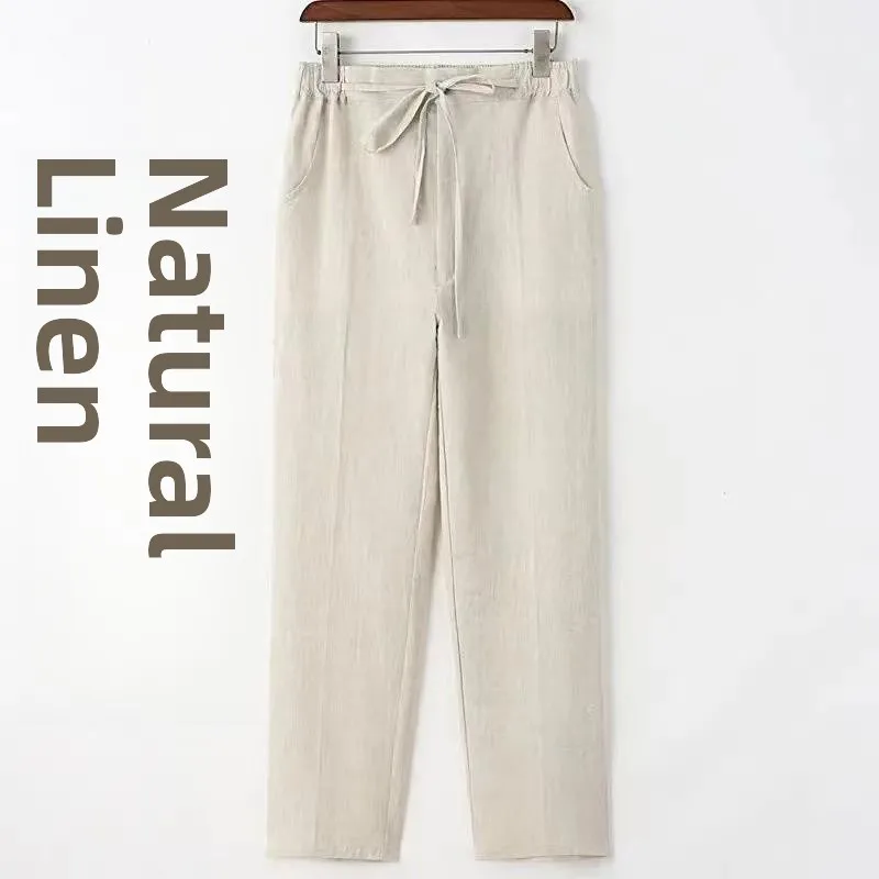 

Men's Medium to Large Sized Thin Cotton Linen Pants Straight Leg Casual Trousers mid Waist Rope Door Summer New Arrival