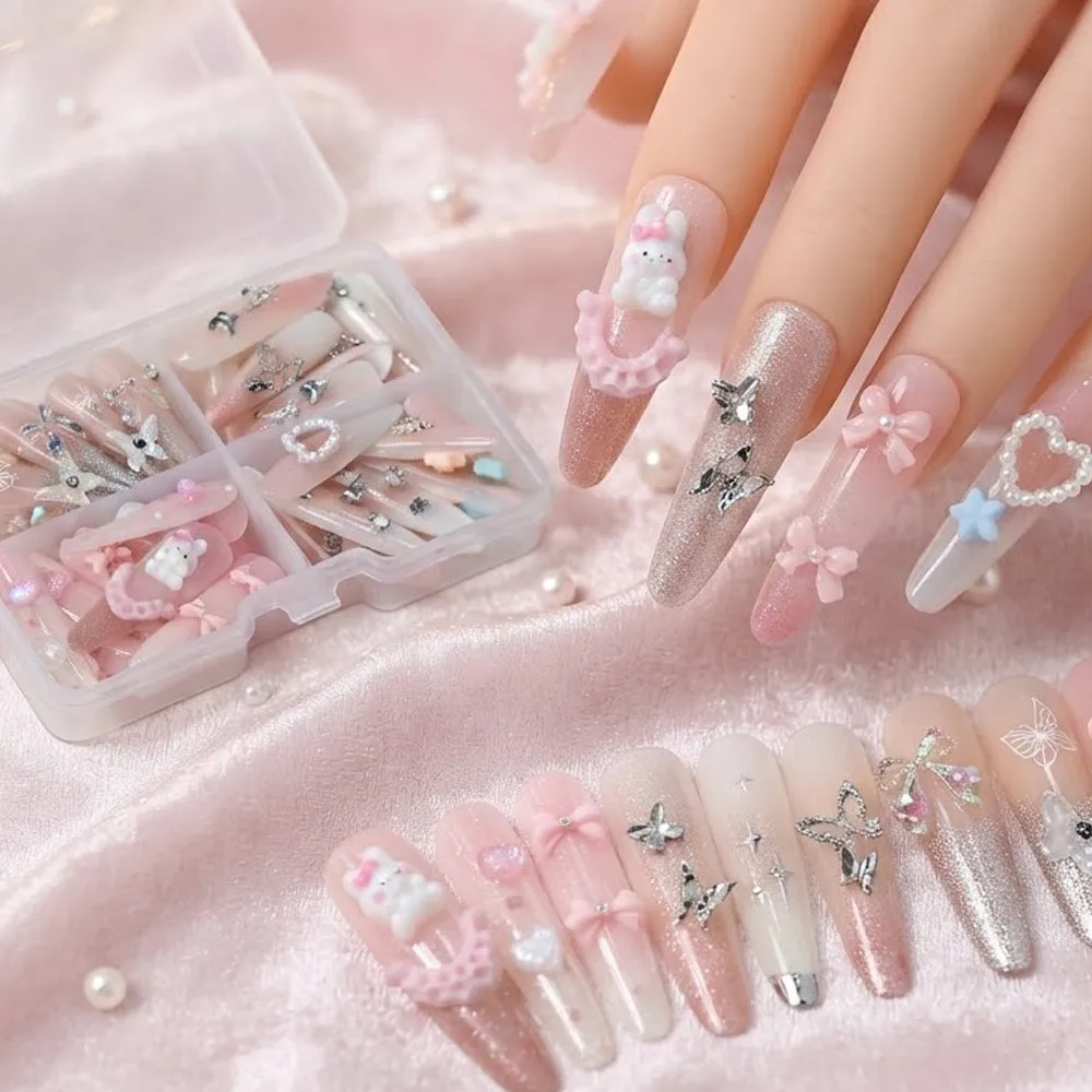 120Pcs French Long Coffin Ballet Press on False Nails Pink Gradient Glitter Fake Nails With Bow Star Charms Artificial Nail Tips